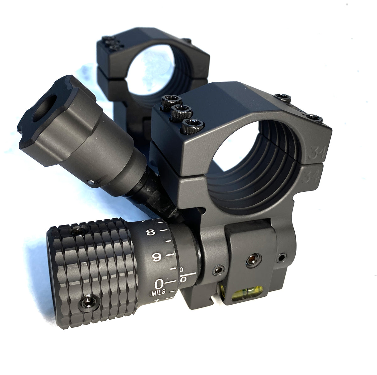 Ivey Shooting RTM60-MIL adjustable scope mount with 34 mm rings, manufacturer photograph.