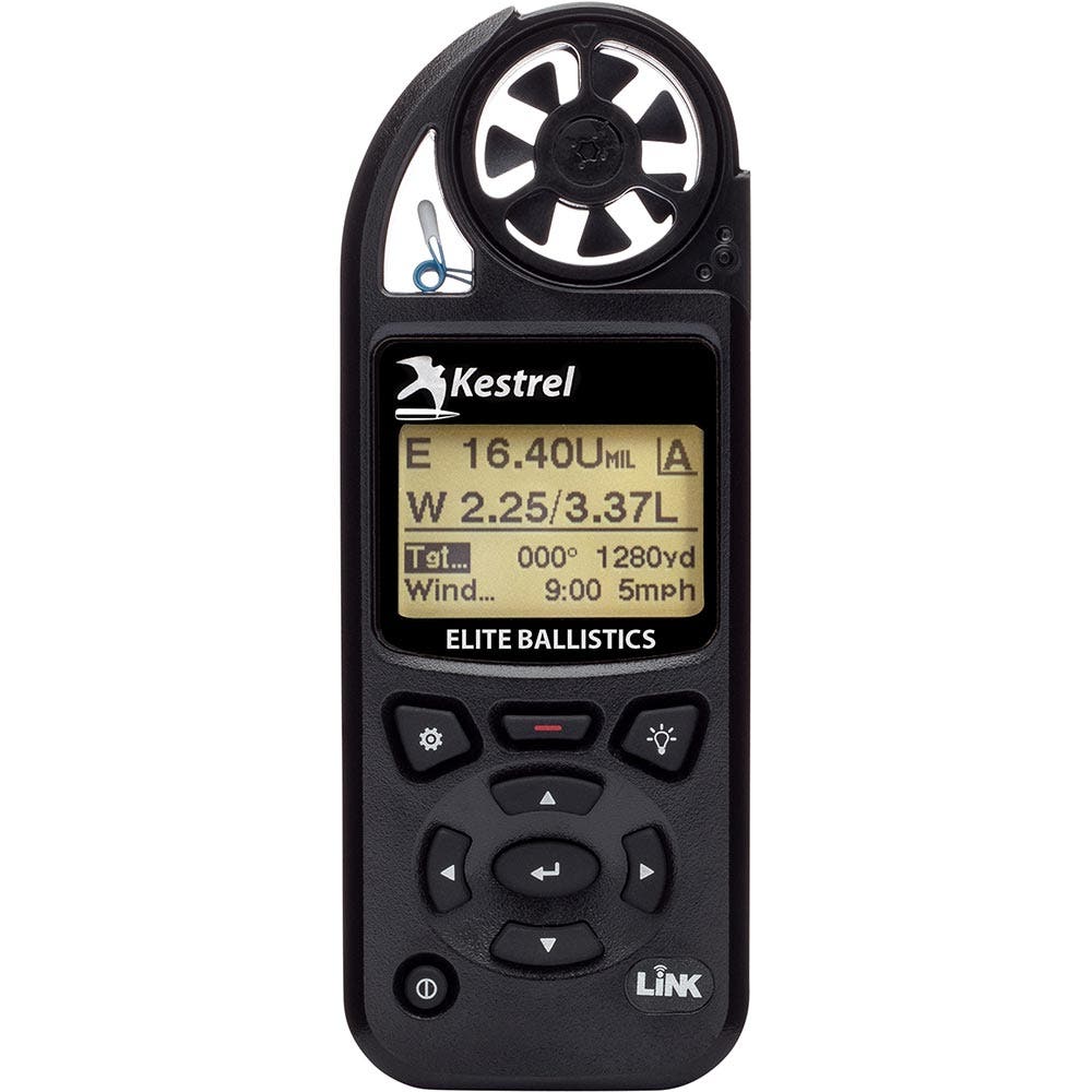 Representative manufacturer image of the Kestrel 5700 Elite weather meter in black, front view.