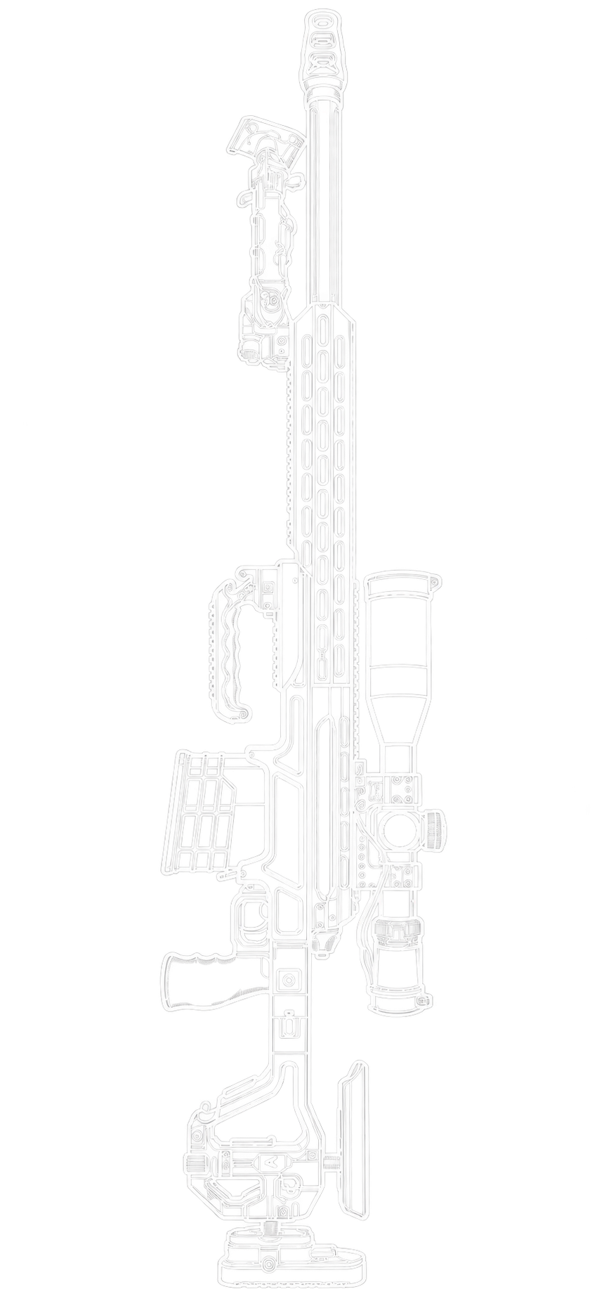 White outline illustration of the Victrix Tormento rifle, with the barrel pointing left and the scope above the stock.