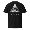 Back view of the black NTHNG EYE T-shirt with a large white eye inside a cracked triangle and NTHNG lettering below.