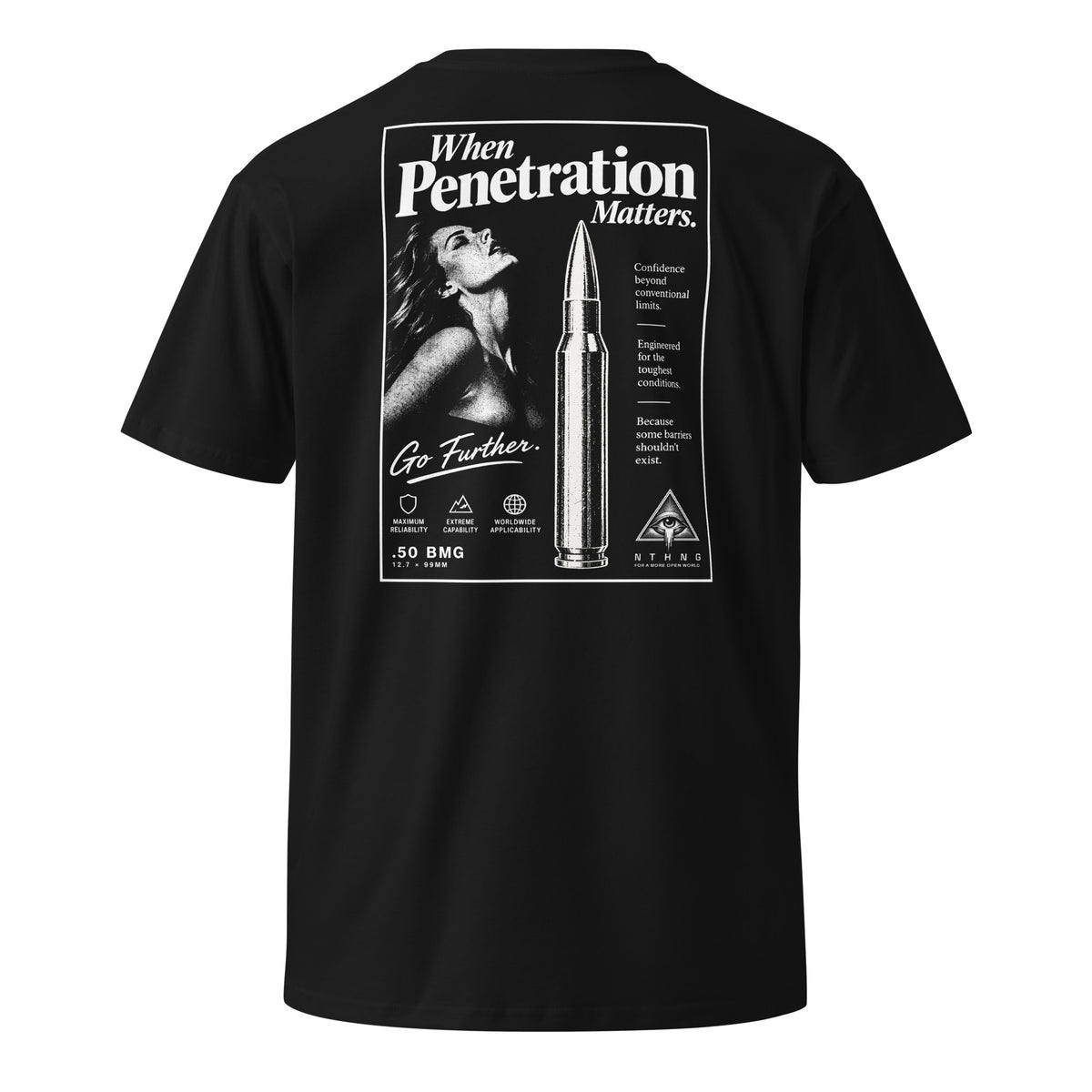 Back of black NTHNG 50 BMG T-shirt with a white vintage-style "When Penetration Matters" graphic of a woman beside a cartridge.