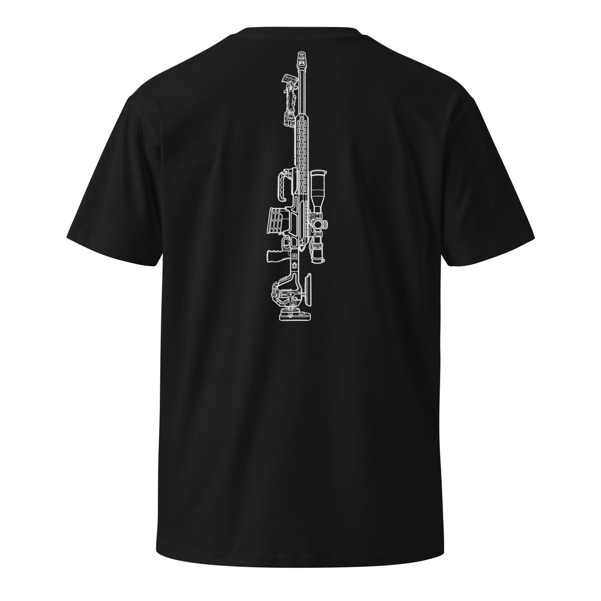 Back view of the black NTHNG .375 CheyTac T-shirt with a tall white line drawing of a scoped rifle.