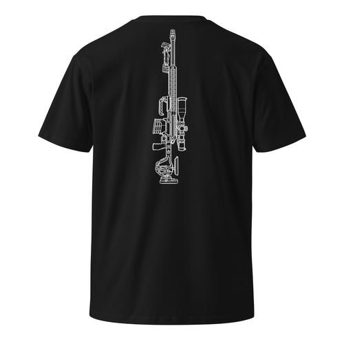Back view of the black NTHNG .375 CheyTac T-shirt with a tall white line drawing of a scoped rifle.