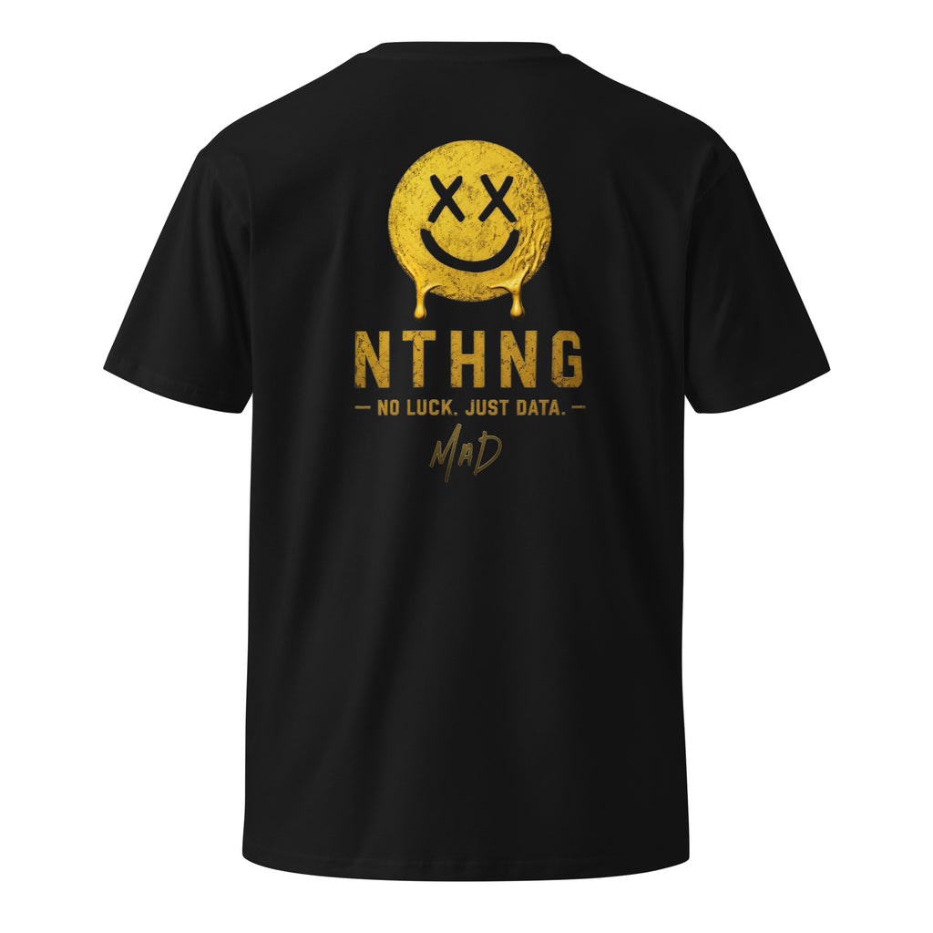 Back of a black NTHNG/MAD Smile T-shirt with a dripping yellow smiley face, X-shaped eyes, "No Luck. Just Data." lettering and MAD signature.