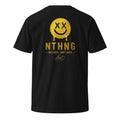 Back of a black NTHNG/MAD Smile T-shirt with a dripping yellow smiley face, X-shaped eyes, "No Luck. Just Data." lettering and MAD signature.