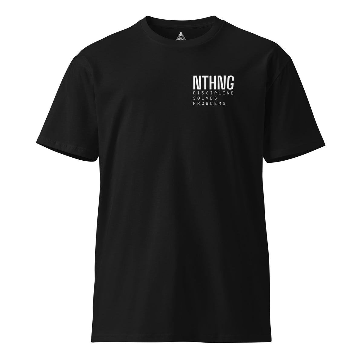 Front of black NTHNG 50 BMG T-shirt with a small white NTHNG logo and "Discipline Solves Problems" on the left chest.