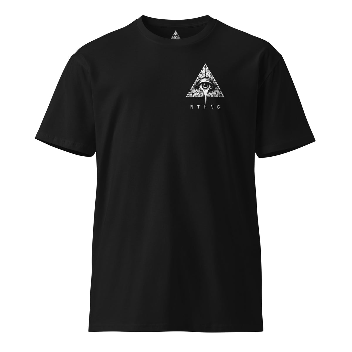 Front view of the black NTHNG .375 CheyTac T-shirt with a small white triangular eye graphic and NTHNG lettering on the left chest.