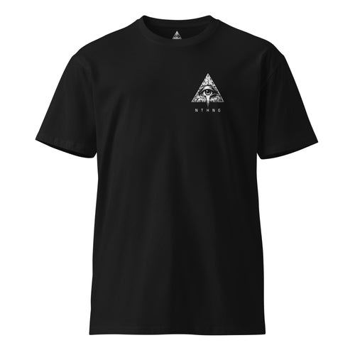 Front of a black NTHNG Church of LDS T-shirt with a small white eye-in-triangle logo and NTHNG lettering on the left chest.