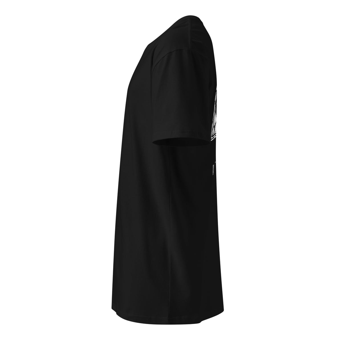 Left-side view of the black NTHNG EYE T-shirt, with part of the white back graphic visible along the edge.