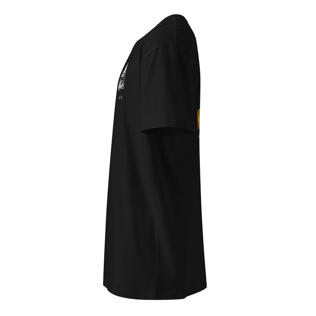 Left-side view of a black NTHNG/MAD Smile T-shirt, showing the short sleeve, chest logo and edge of the yellow back print.