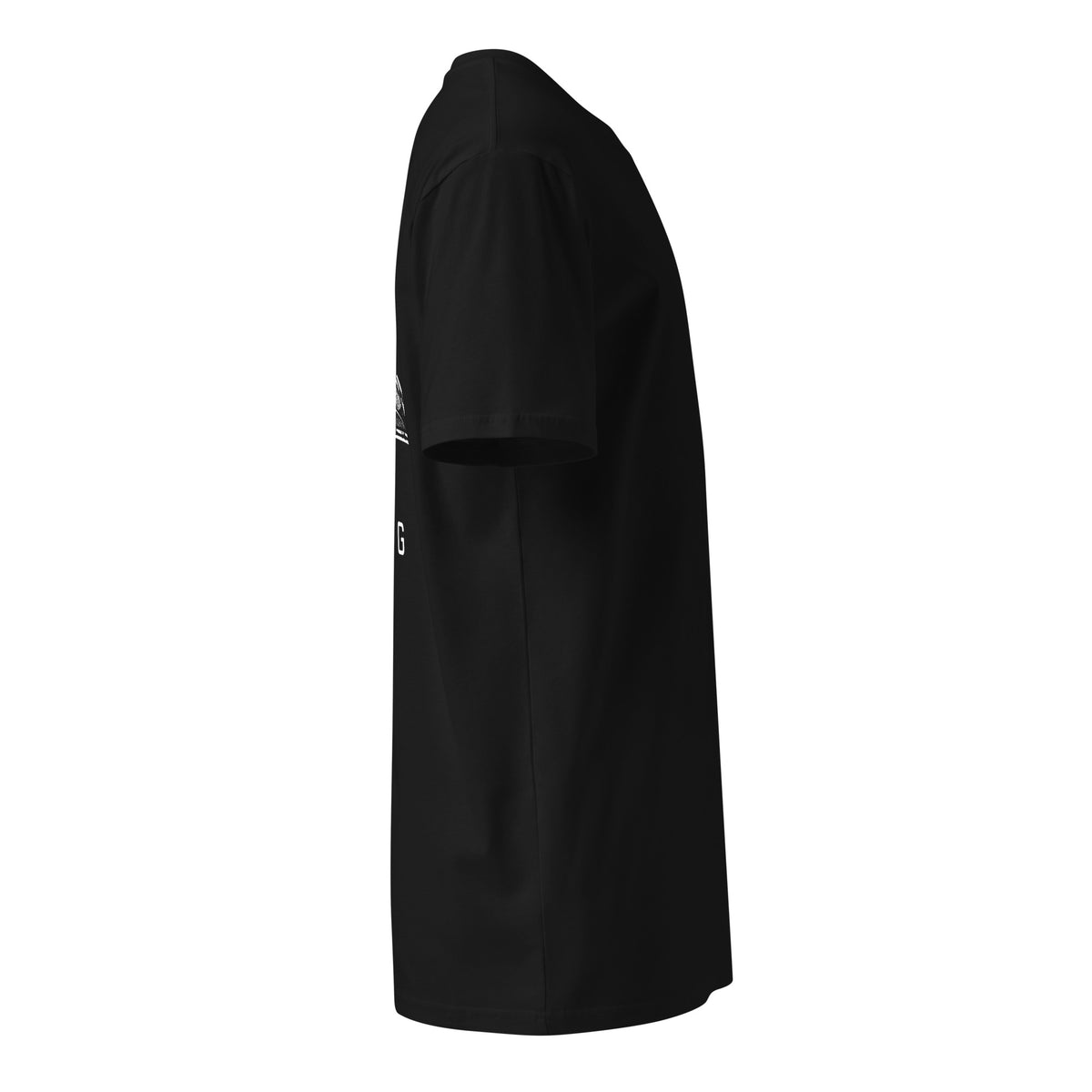 Right-side view of the black NTHNG EYE T-shirt, with part of the white back graphic visible along the edge.