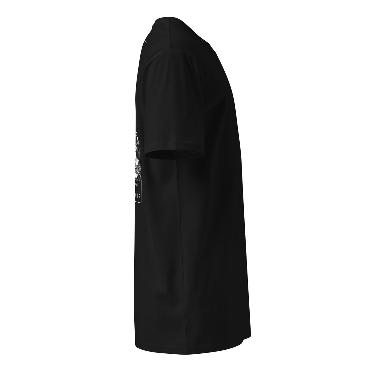 Right side of black NTHNG Birds Are Real T-shirt, showing the plain sleeve and edge of the white back graphic.